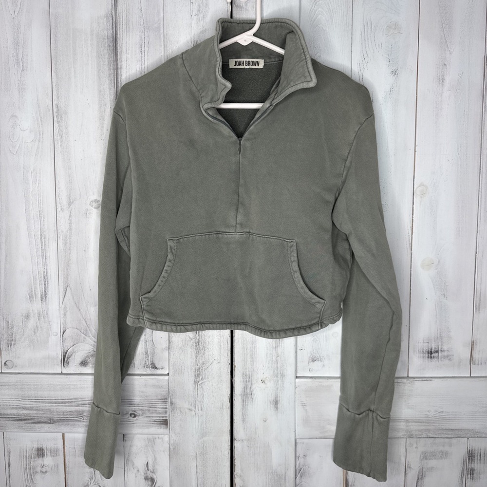 Joah Brown Green Aspen Cropped Oversized 1/2 Half Zip Sweatshirt Top XS/S